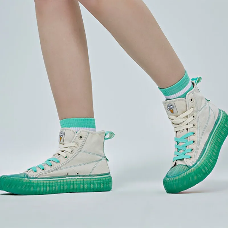 Kappa Label String Anti Slip Wear Resistant High Top Canvas Shoes Unisex White Green-6