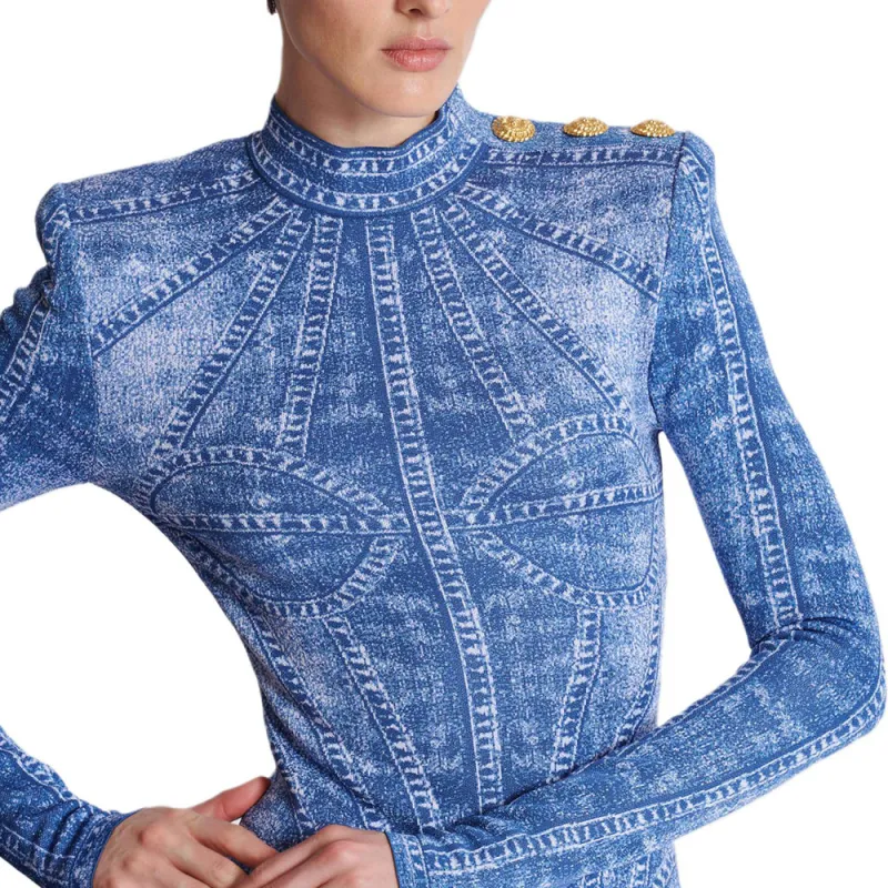 BALMAIN Denim Effect Short Jacquard Knit Dress-8