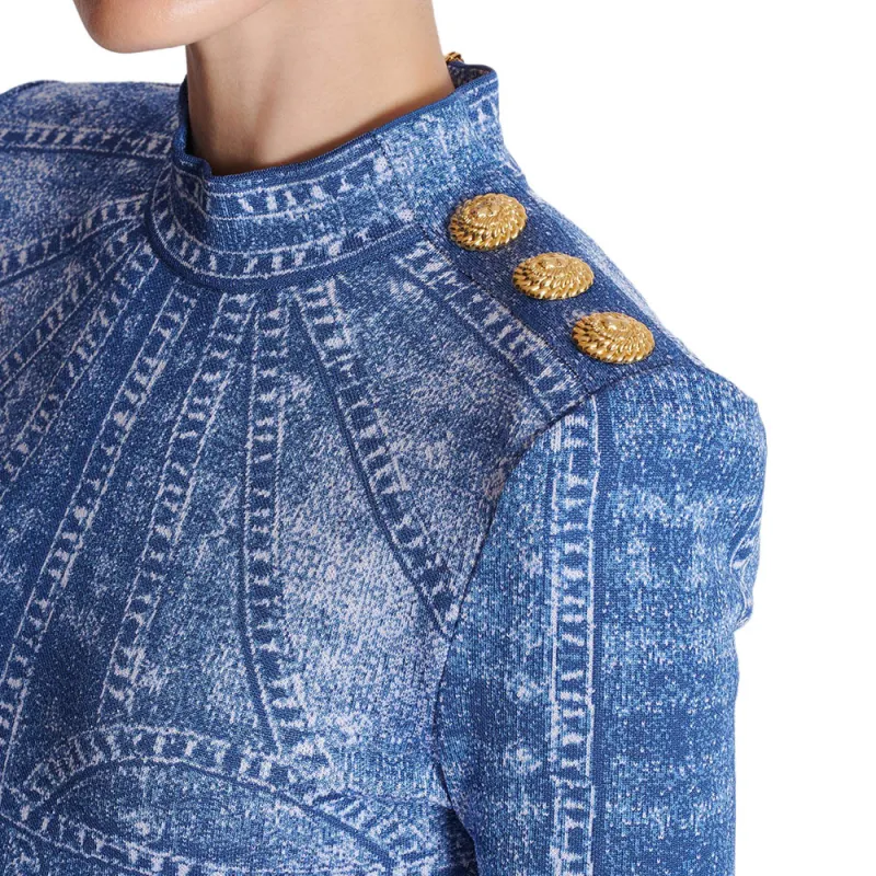 BALMAIN Denim Effect Short Jacquard Knit Dress-7