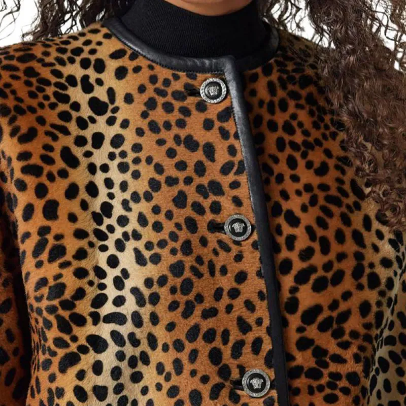 VERSACE Leopard print Collarless Coat-4