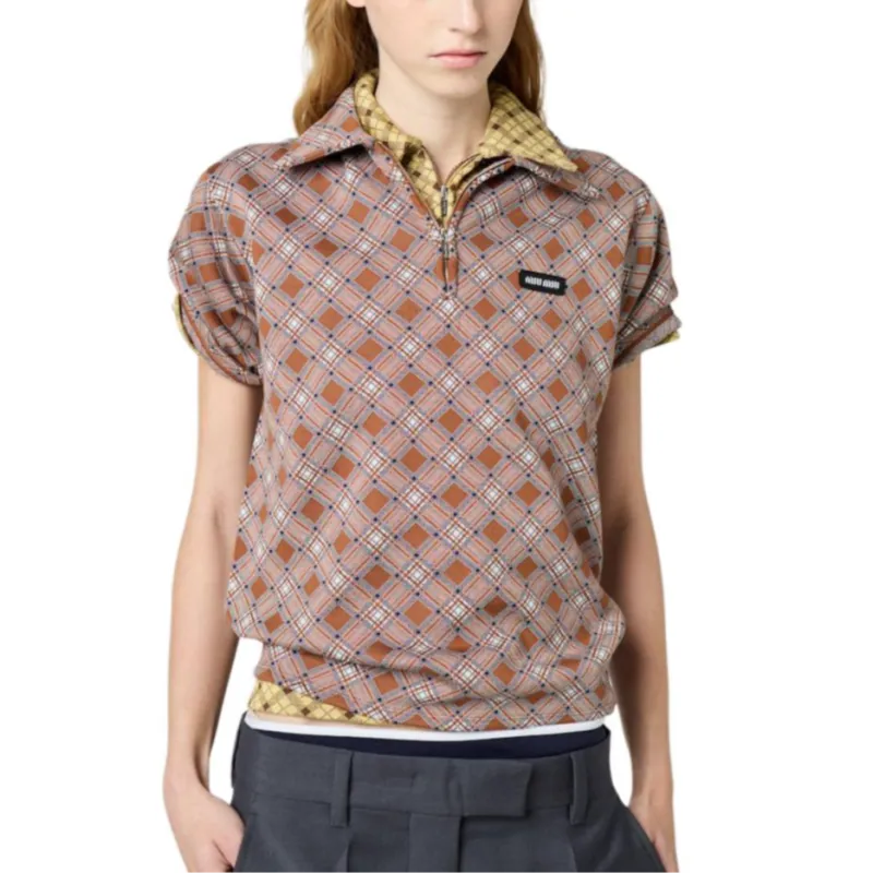 MIU MIU Silk Check Polo Shirt Tabacco-4