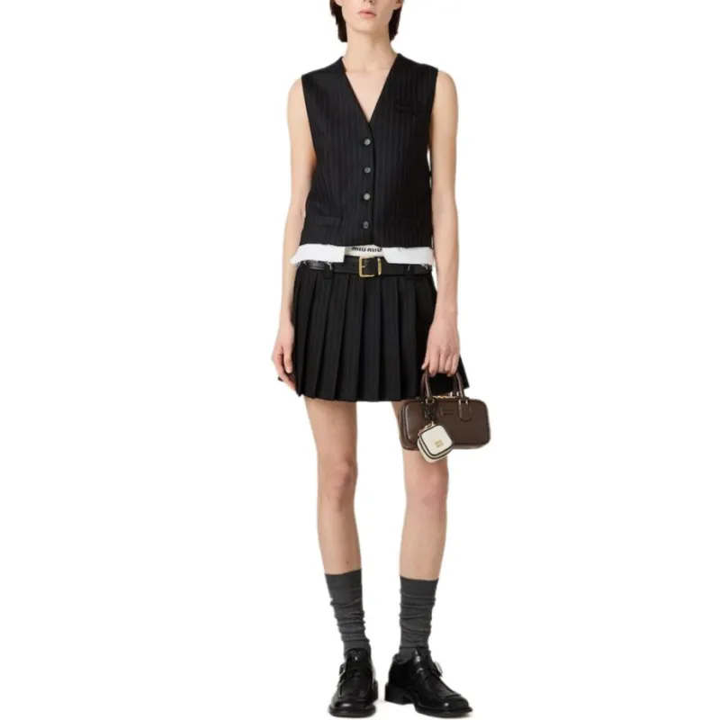 MIU MIU Pleated Pinstripe Mini Skirt Black-1