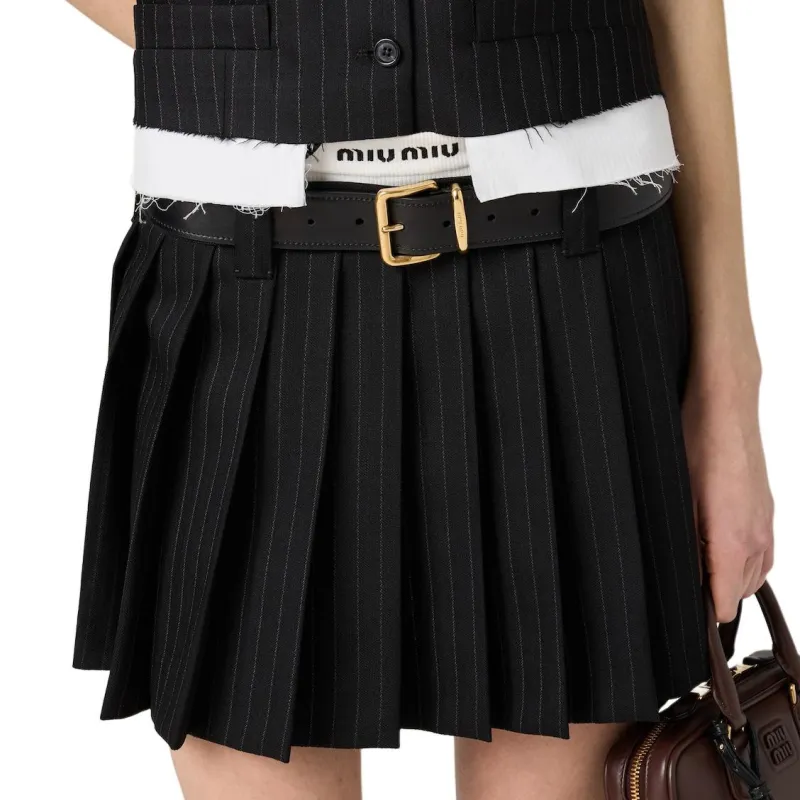 MIU MIU Pleated Pinstripe Mini Skirt Black-3