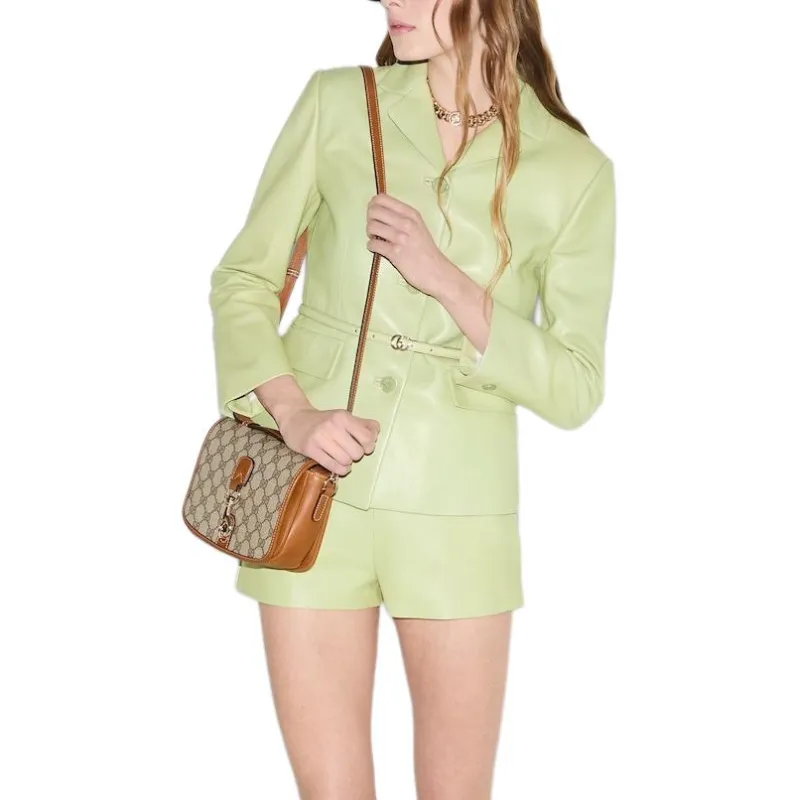 GUCCI SS25 Spring Collection Leather Jacket Women's Gray Green-2