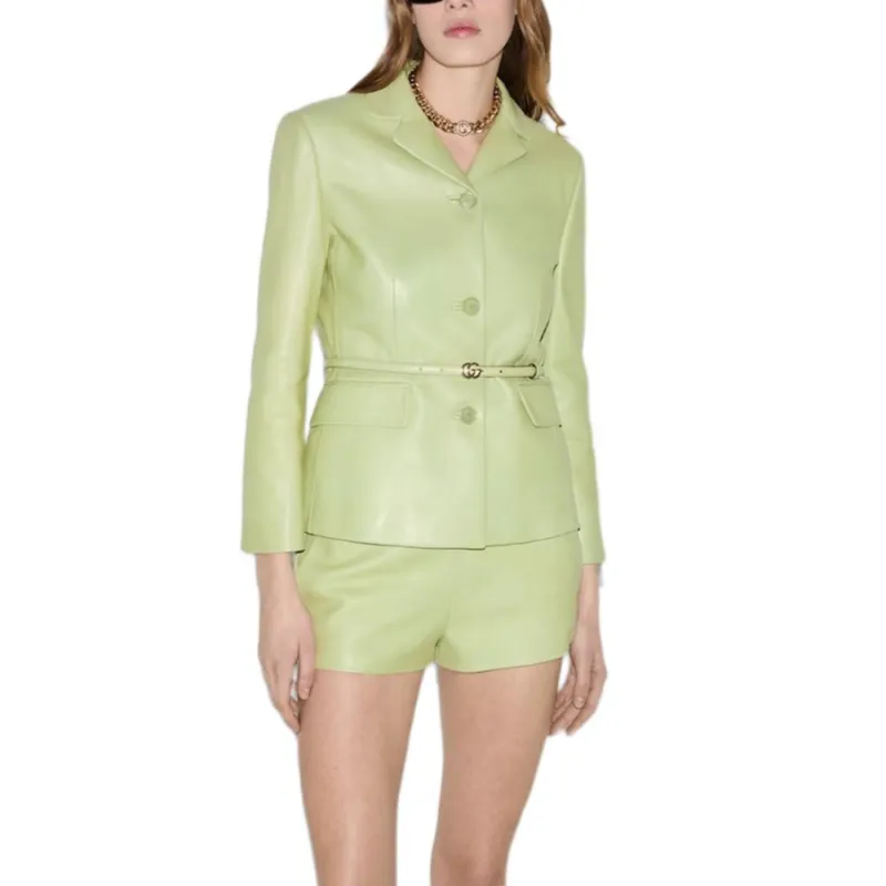 GUCCI SS25 Spring Collection Leather Jacket Women's Gray Green-1