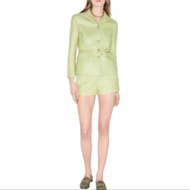 GUCCI SS25 Spring Collection Leather Jacket Women's Gray Green-4
