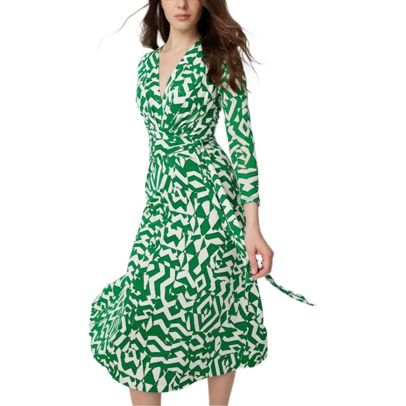 Diane Von Furstenberg SS25 Long Sleeved Dress Women's White Green-3