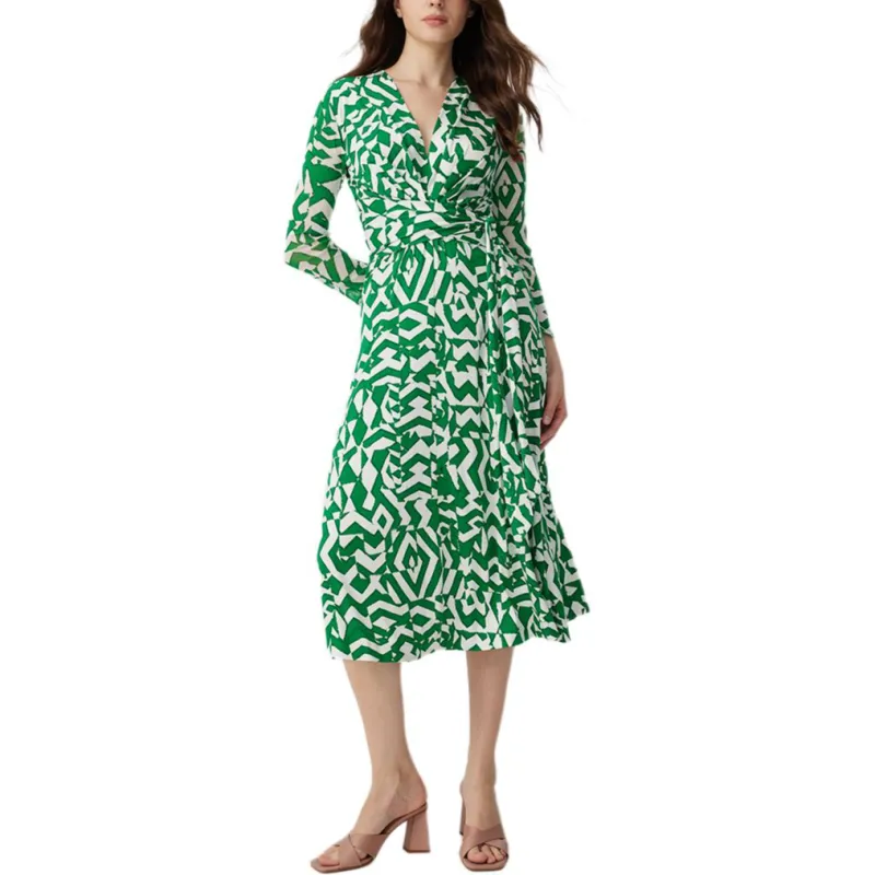 Diane Von Furstenberg SS25 Long Sleeved Dress Women's White Green-1