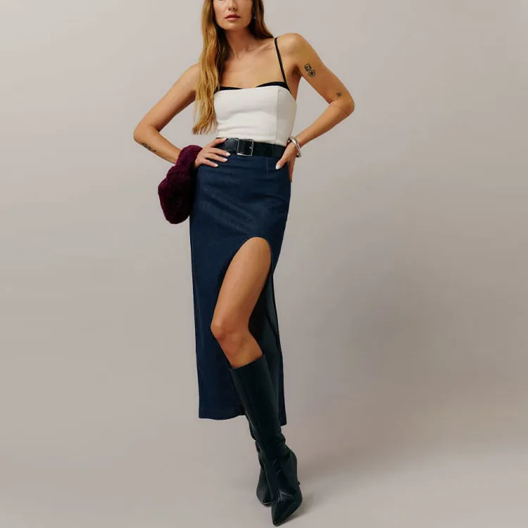REFORMATION Paulina Denim Midi Skirt Denim Long Skirts Women's Rinse-1