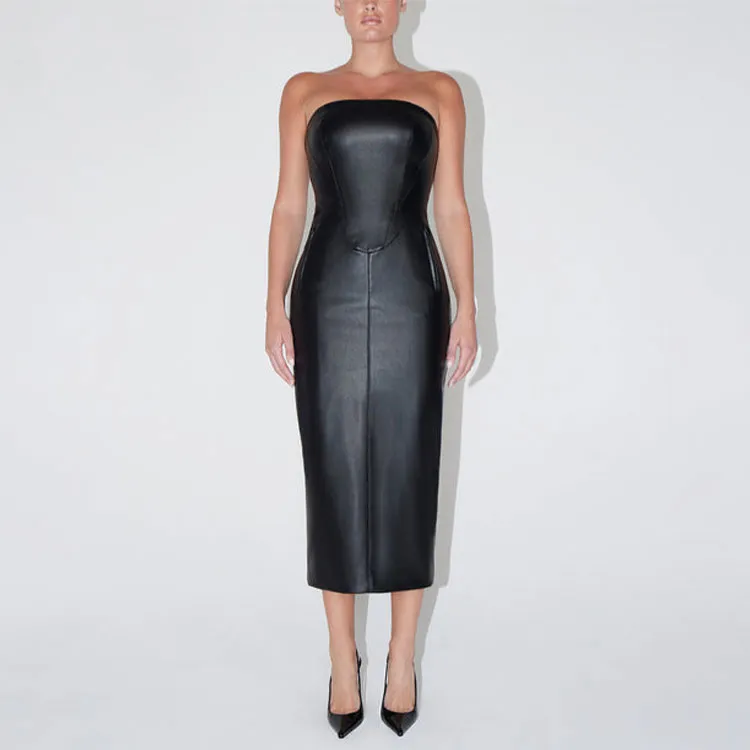 Khy DROP 001 Faux Leather Strapless Long Dress Sleeveless Dress Women's Black-1