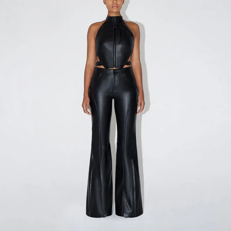 Khy DROP 001 Faux Leather Open Back Top Crop Tops Women's Black-1