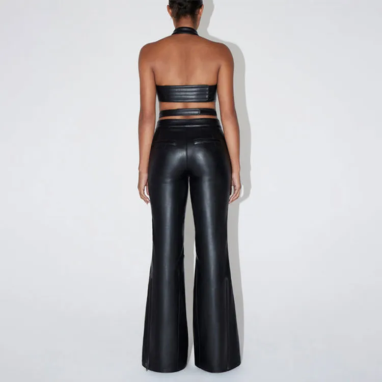 Khy DROP 001 Faux Leather Open Back Top Crop Tops Women's Black-2