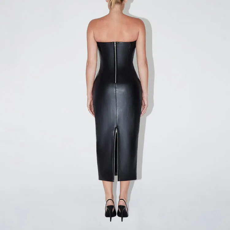Khy DROP 001 Faux Leather Strapless Long Dress Sleeveless Dress Women's Black-2