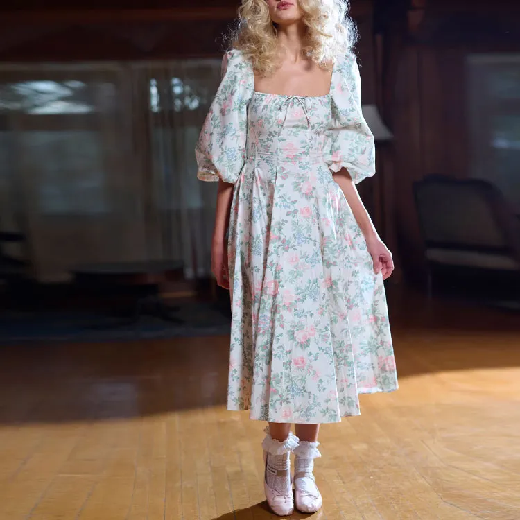 Selkie Collection FW23 Long Sleeved Dress Women's Light Apricot Base With Green Leaf Rose Print-1