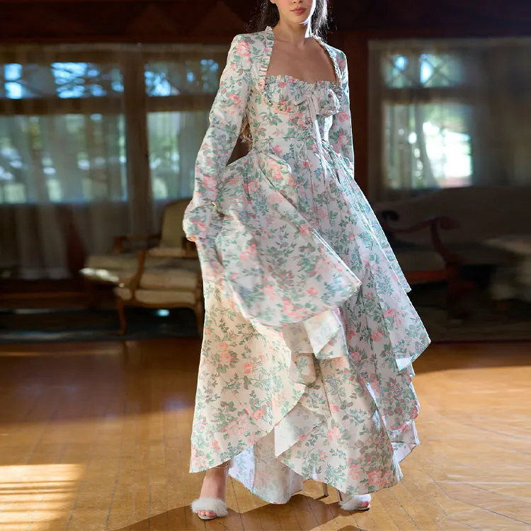 Selkie Collection FW23 Jacket Women's Light Apricot Base With Green Leaves Rose Print-1