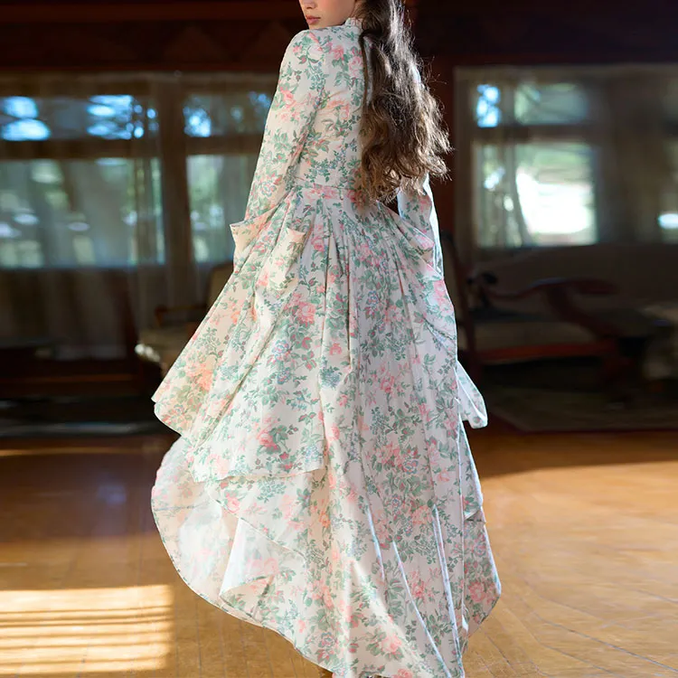 Selkie Collection FW23 Jacket Women's Light Apricot Base With Green Leaves Rose Print-2