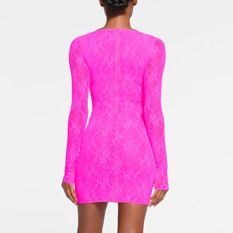 SKIMS STRETCH LACE LINED LONG SLEEVE UNDERWIRE DRESS Long-Sleeved Dresses Women's NEON PINK/Neon Pink-2