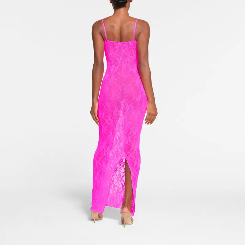 SKIMS STRETCH LACE CAMI LONG DRESS Slip Dresses Women's NEON PINK/Neon Pink-2