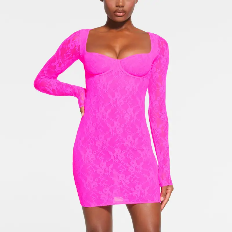 SKIMS STRETCH LACE LINED LONG SLEEVE UNDERWIRE DRESS Long-Sleeved Dresses Women's NEON PINK/Neon Pink-1