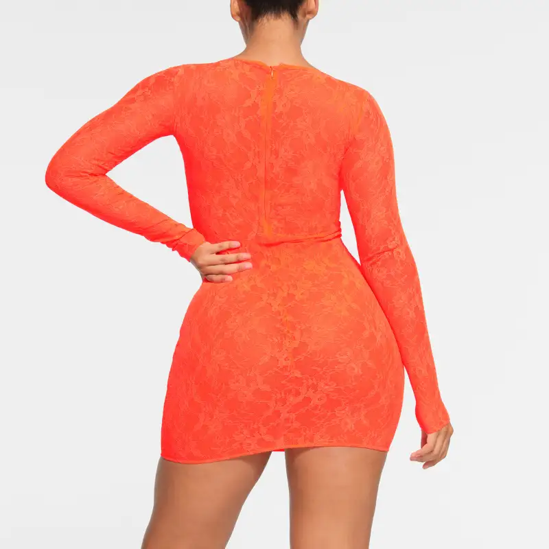 SKIMS STRETCH LACE LINED LONG SLEEVE UNDERWIRE DRESS Long-Sleeved Dresses Women's Sunset-2