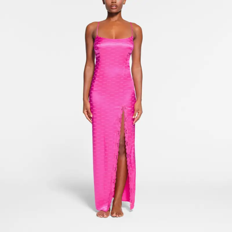 SKIMS JACQUARD LACE LONG DRESS Slip Dress Women's HOT PINK/Bright Pink-1