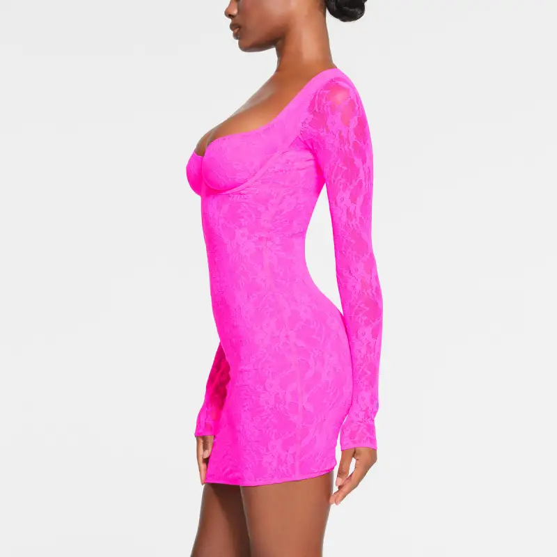 SKIMS STRETCH LACE LINED LONG SLEEVE UNDERWIRE DRESS Long-Sleeved Dresses Women's NEON PINK/Neon Pink-3