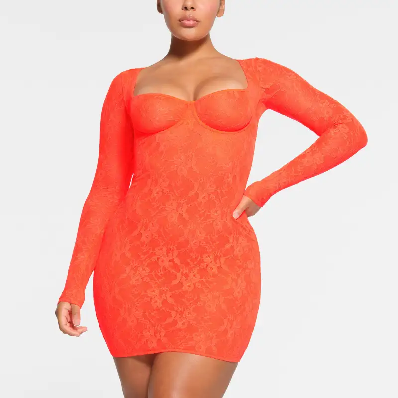 SKIMS STRETCH LACE LINED LONG SLEEVE UNDERWIRE DRESS Long-Sleeved Dresses Women's Sunset-3