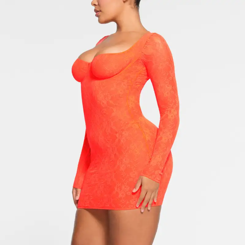 SKIMS STRETCH LACE LINED LONG SLEEVE UNDERWIRE DRESS Long-Sleeved Dresses Women's Sunset-1