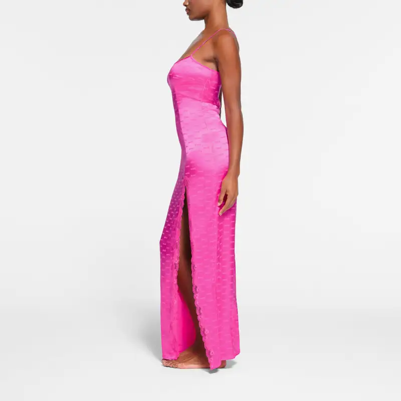 SKIMS JACQUARD LACE LONG DRESS Slip Dress Women's HOT PINK/Bright Pink-3