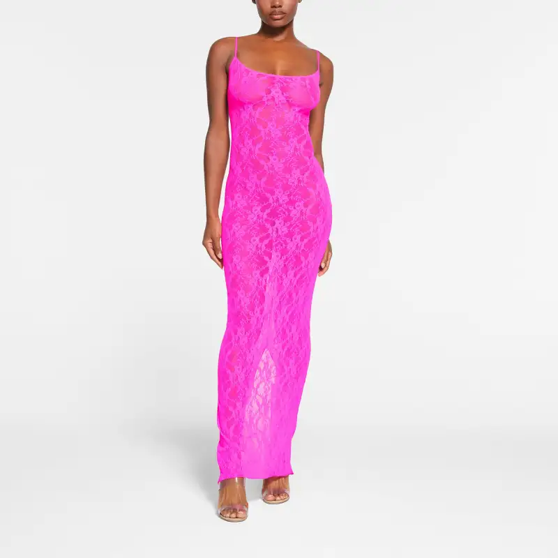 SKIMS STRETCH LACE CAMI LONG DRESS Slip Dresses Women's NEON PINK/Neon Pink-1