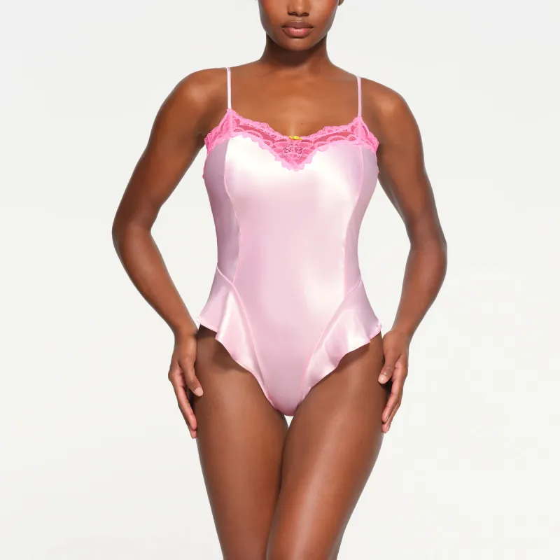 SKIMS Valentine's Day WOVEN SHINE LACE TEDDY Bodysuits Women's Cherry Blossom/Pink-1