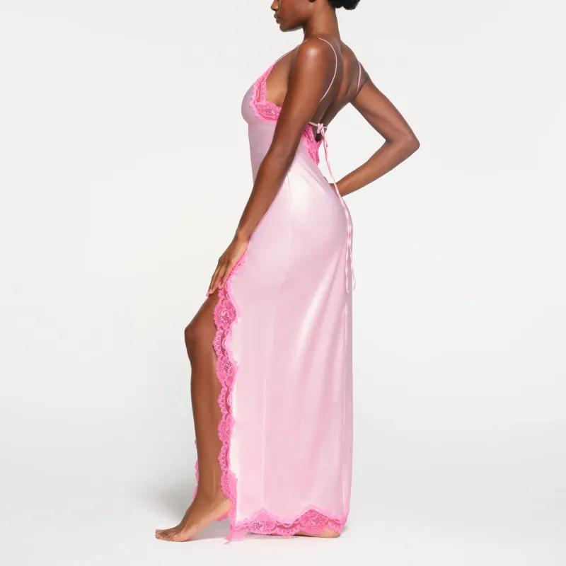SKIMS Valentine's Day Collection WOVEN SHINE LACE LONG DRESS Slip Dress Women's CHERRY BLOSSOM/Cherry Blossom Color-3