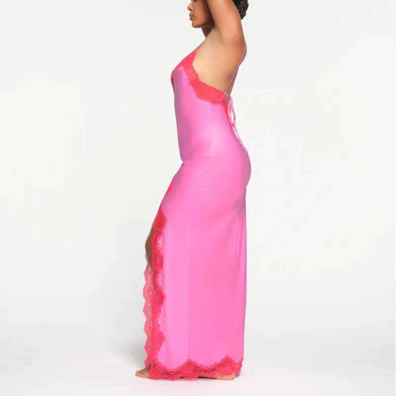 SKIMS Valentine's Day WOVEN SHINE LACE LONG DRESS Slip Dress Women's NEON ORCHID/Neon Orchid-3