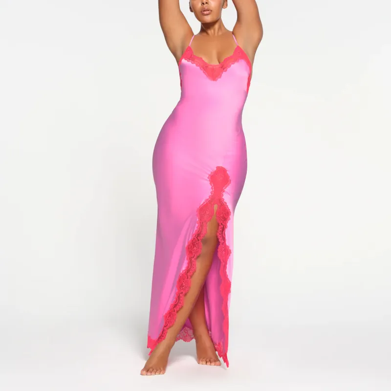 SKIMS Valentine's Day WOVEN SHINE LACE LONG DRESS Slip Dress Women's NEON ORCHID/Neon Orchid-1