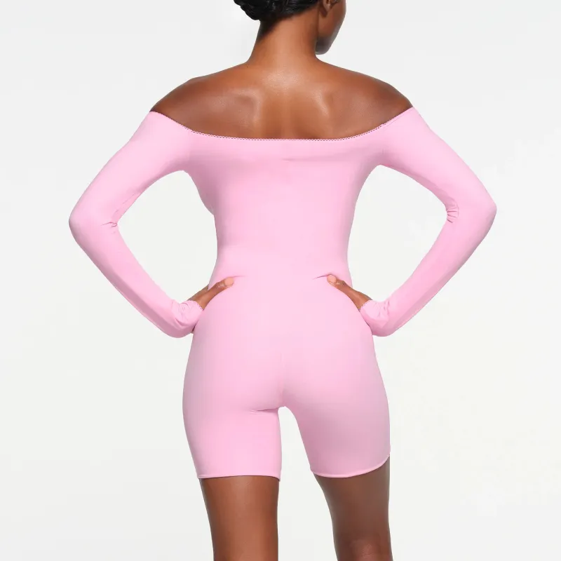 SKIMS Valentine's Day FITS EVERYBODY PICOT TRIM Off THE SHOULDER ONESIE Bodysuits Women's BUBBLE GUM/Bubble Gum-2