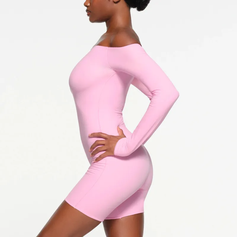 SKIMS Valentine's Day FITS EVERYBODY PICOT TRIM Off THE SHOULDER ONESIE Bodysuits Women's BUBBLE GUM/Bubble Gum-3