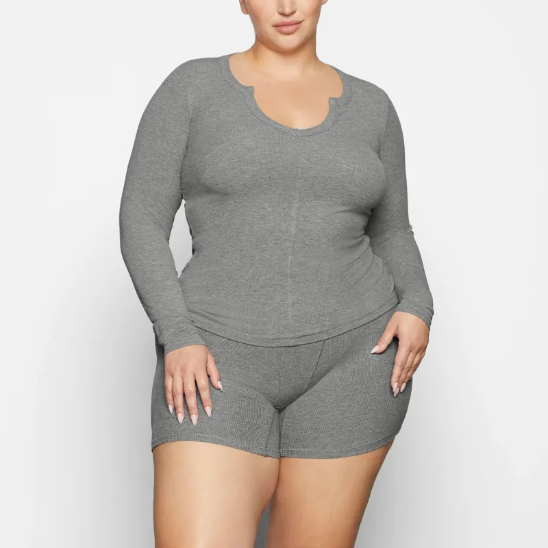 SKIMS SOFT LOUNGE SPLIT NECK LONG SLEEVE T-Shirt Women's Heather Grey/Stone Heather-1