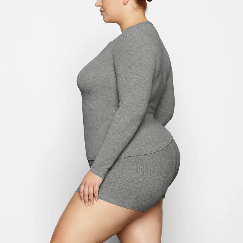 SKIMS SOFT LOUNGE SPLIT NECK LONG SLEEVE T-Shirt Women's Heather Grey/Stone Heather-3