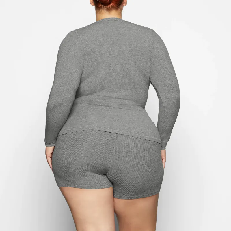 SKIMS SOFT LOUNGE SPLIT NECK LONG SLEEVE T-Shirt Women's Heather Grey/Stone Heather-2