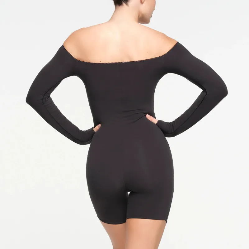 SKIMS FITS EVERYBODY PICOT TRIM OFF THE SHOULDER ONESIE Bodysuits Women's ONYX/Onyx-2