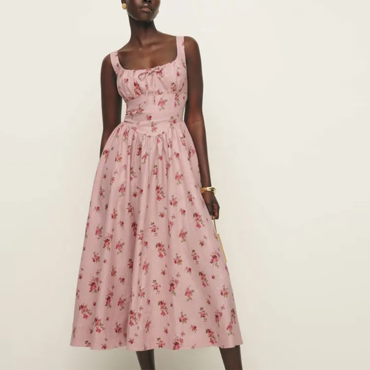 REFORMATION Balia Linen Dress Slip Dress Women's Pink-1