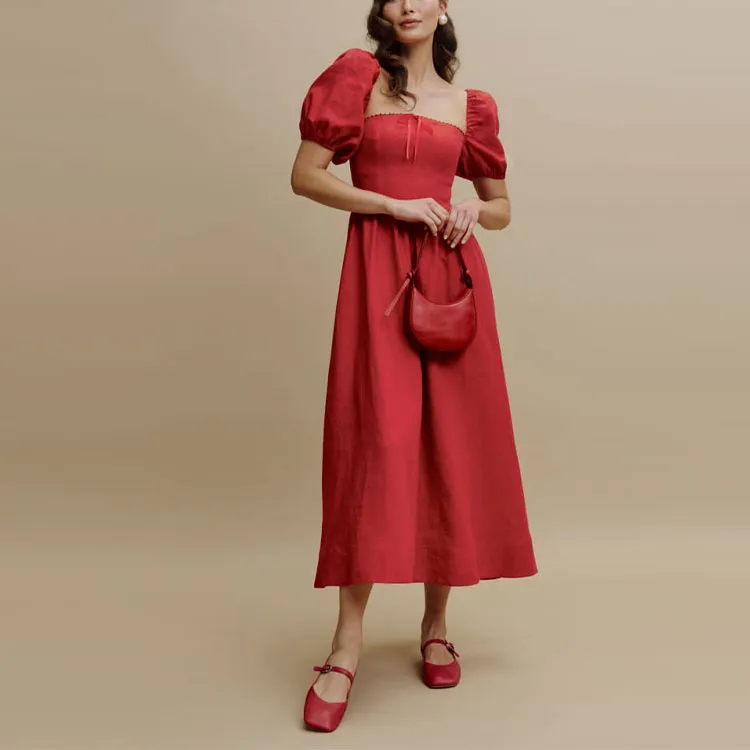 REFORMATION Marella Linen Dress Short-Sleeved Dresses Women's Cherry Color-1