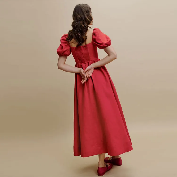 REFORMATION Marella Linen Dress Short-Sleeved Dresses Women's Cherry Color-2