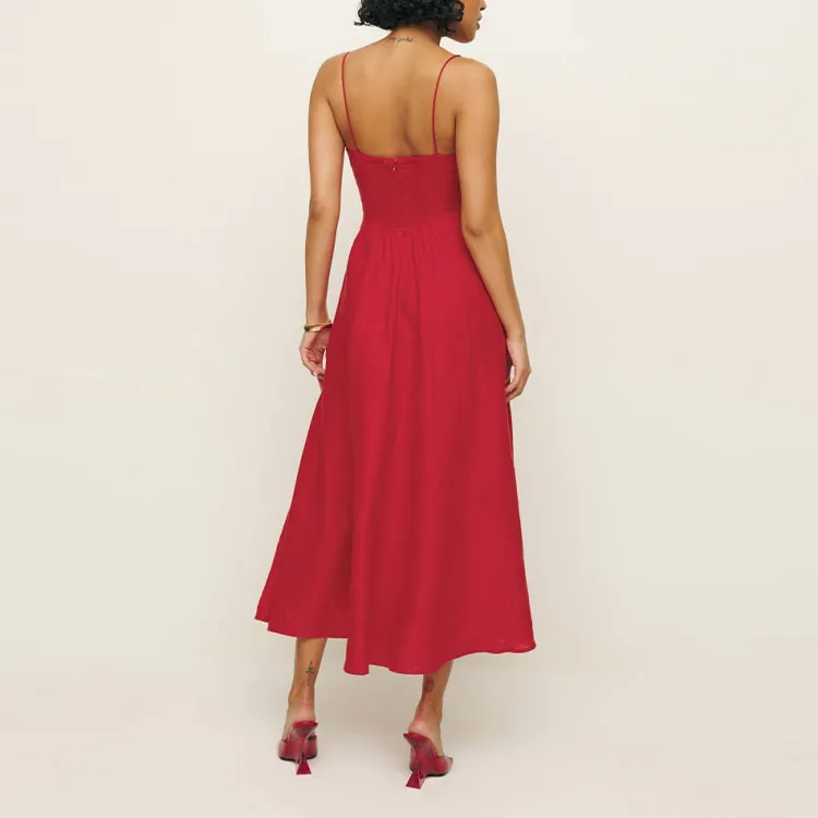 REFORMATION Monette Linen Dress Slip Dresses Women's Cherry Color-2