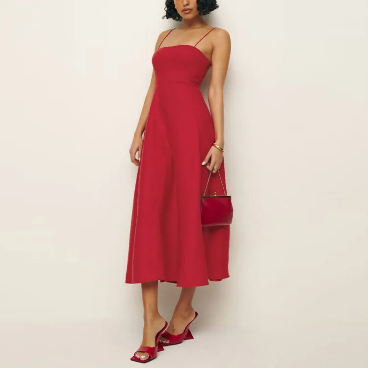 REFORMATION Monette Linen Dress Slip Dresses Women's Cherry Color-1