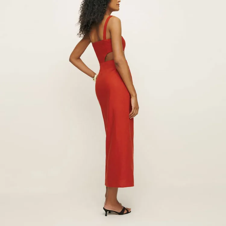 REFORMATION Satori Linen Dress Slip Dresses Women's Blood Orange Color-2