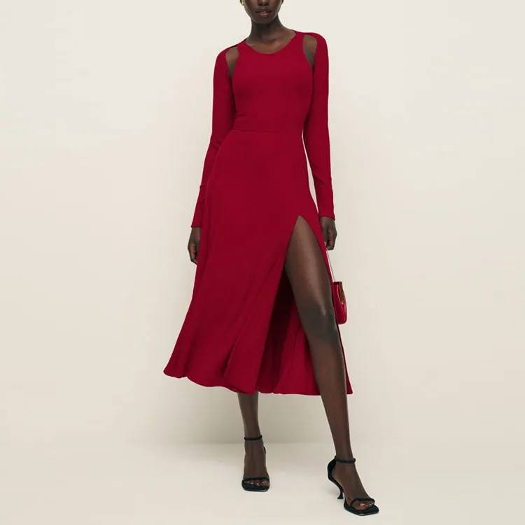 REFORMATION Lorelai Knit Dress Long-Sleeved Dresses Women's Red-1