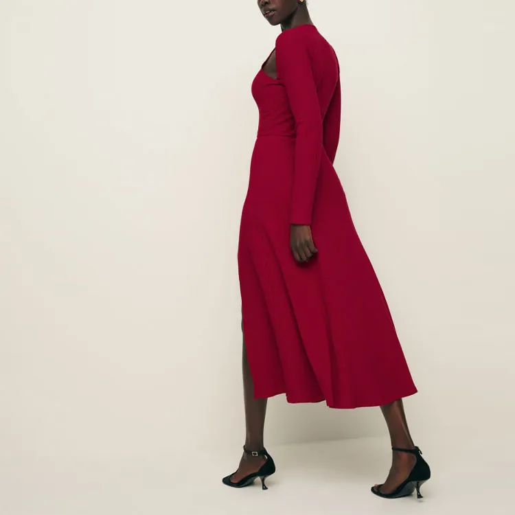 REFORMATION Lorelai Knit Dress Long-Sleeved Dresses Women's Red-2
