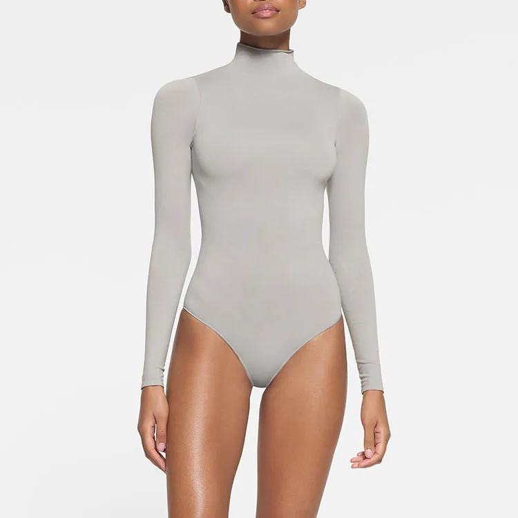 SKIMS ESSENTIAL MOCK NECK LONG SLEEVE BODYSUIT Bodysuits Women's LIGHT GREY/Light Gray-1