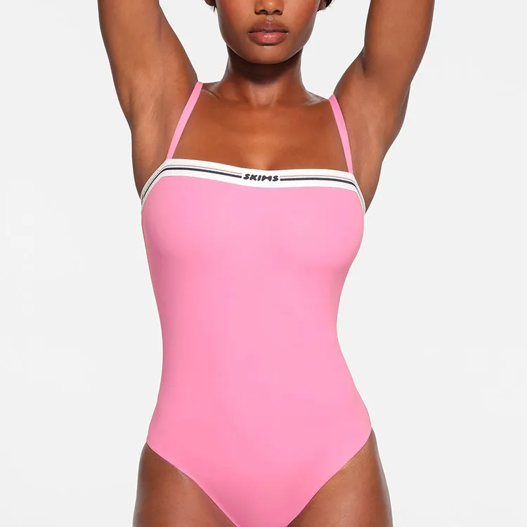 SKIMS FITS EVERYBODY LOGO STRAIGHT NECK BODYSUIT Bodysuits Women's SUGAR PINK/Candy Pink-1